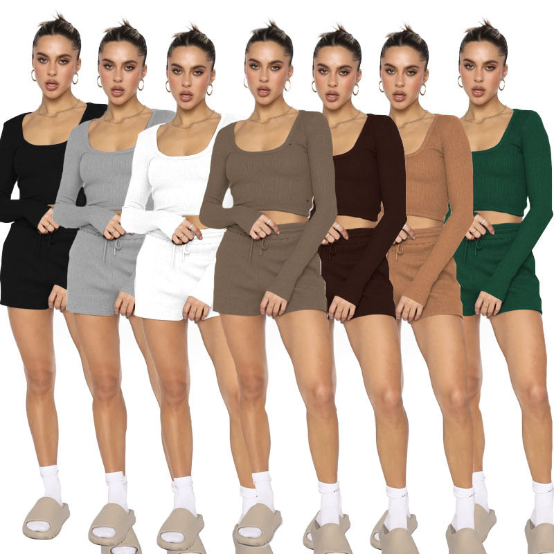 211277 Waffle solid color U-neck long sleeve short fashion casual shorts set  7 colors