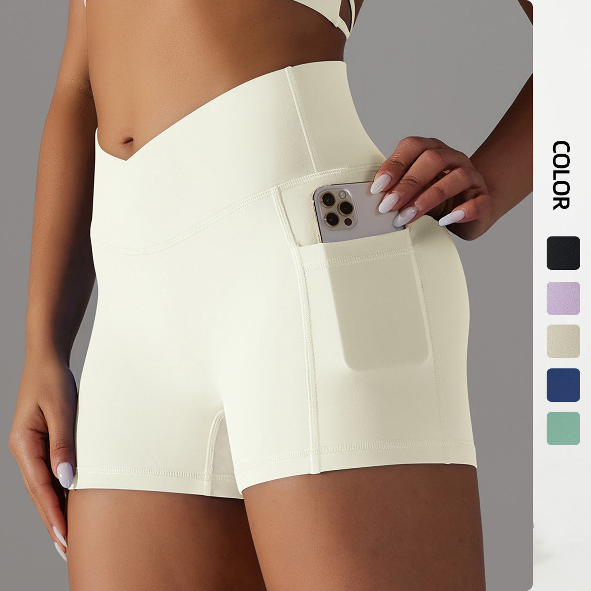 Reversible polyamide wool crossed V-waist pocket yoga shorts three-quarter pants