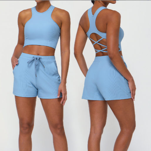 Ribbed casual sports set women's shock-proof drawstring shorts pocket yoga fitness two-piece set