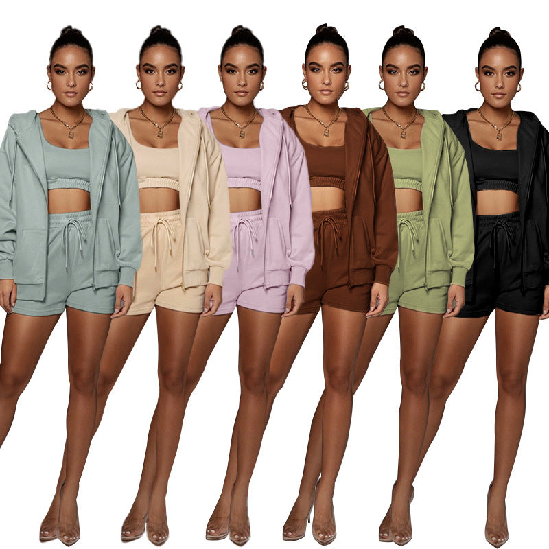 Solid color Cardigan Hooded shorts women's velvety long sleeve hoodie 2 sets of 6 colors