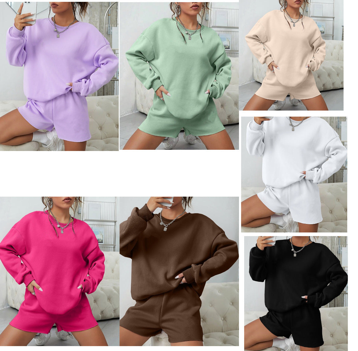 Solid color long sleeve crew neck shorts hoodie suit 7 color