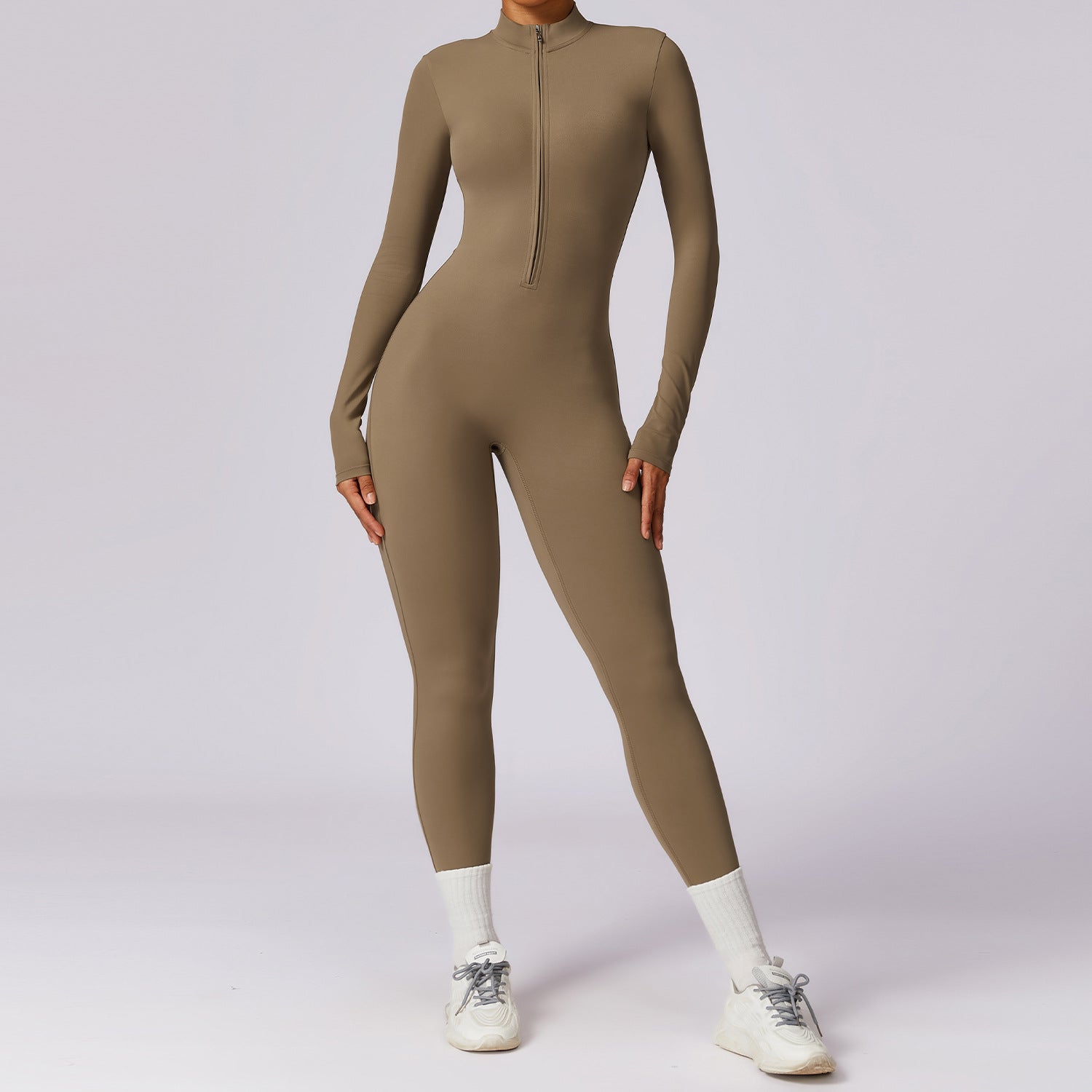 Zipper nude long sleeve yoga jumpsuit 8306