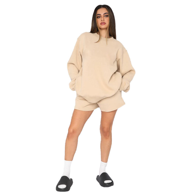 Solid color round neck long-sleeved hoodie fashion shorts set 7 colors