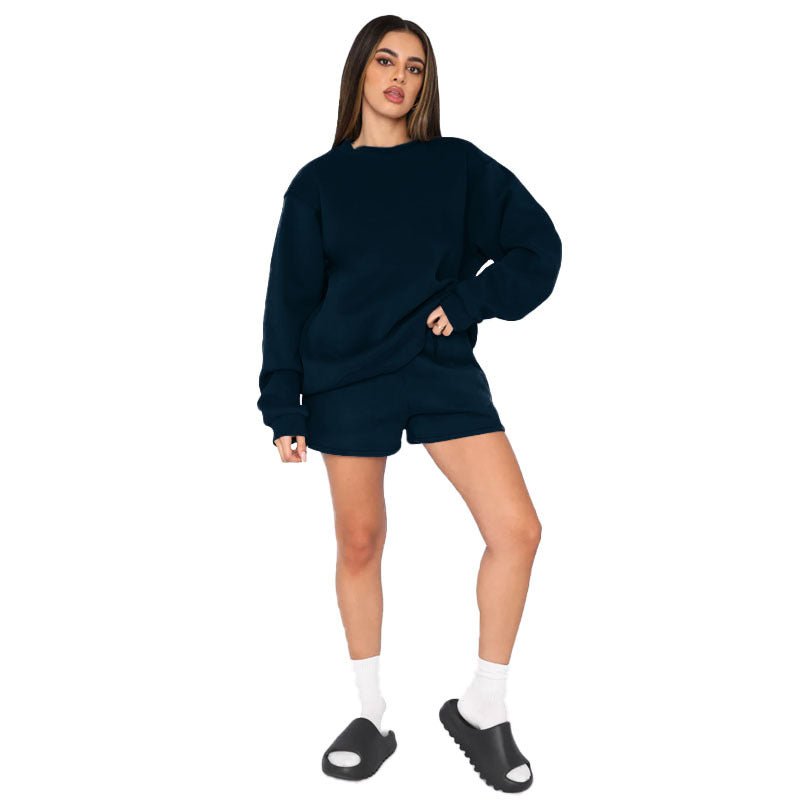 Solid color round neck long-sleeved hoodie fashion shorts set 7 colors