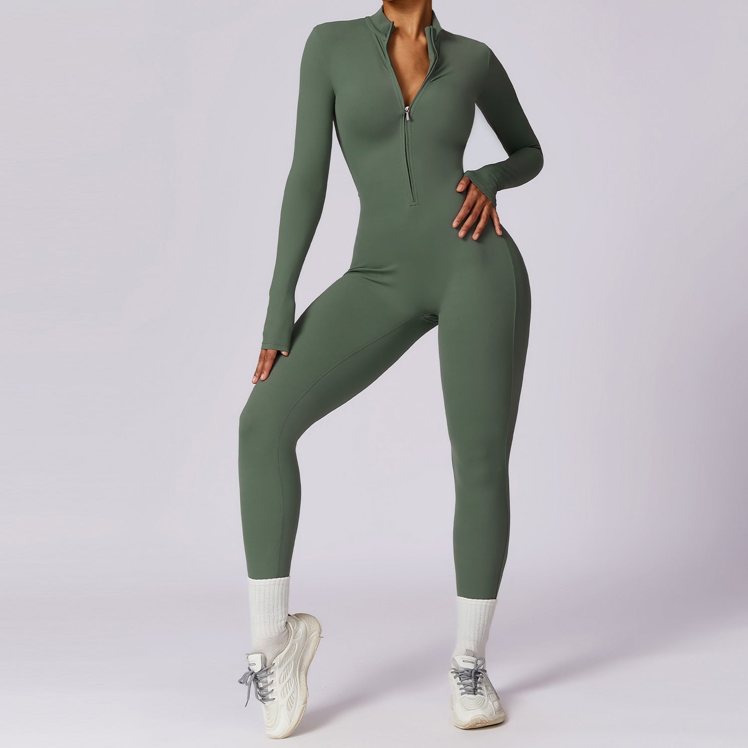 Zipper nude long sleeve yoga jumpsuit 8306