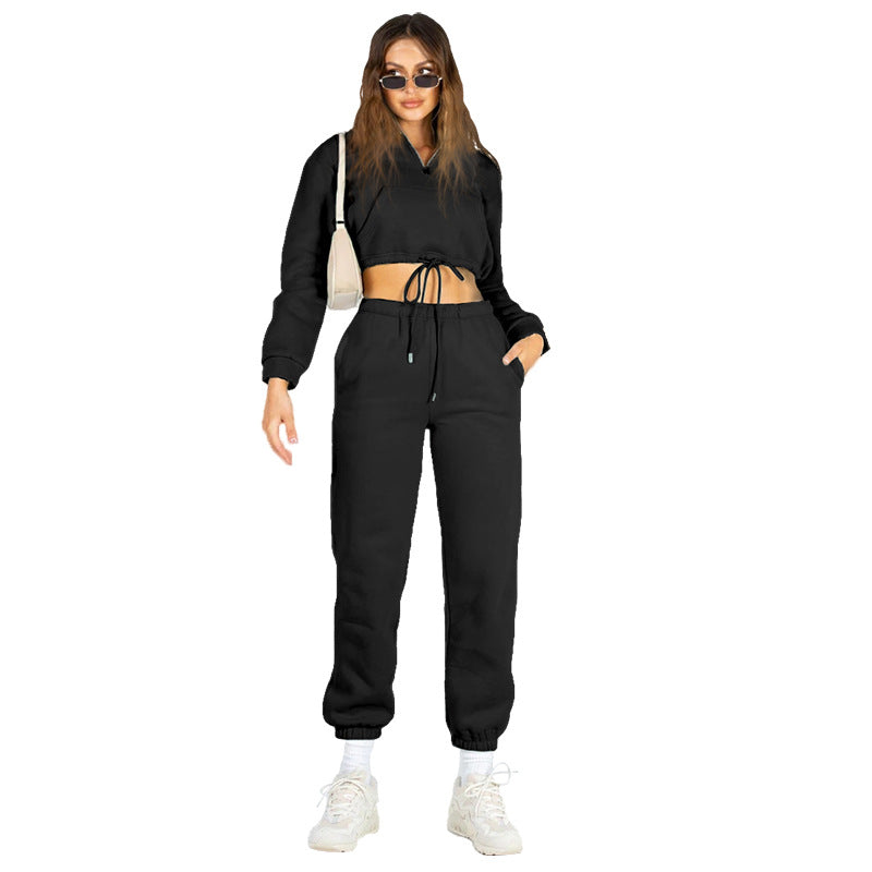 Solid color stand-up collar zipper drawstring midriff and fleece hoodie pant set 4COLOR