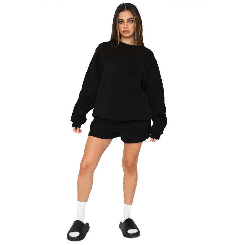 Solid color round neck long-sleeved hoodie fashion shorts set 7 colors