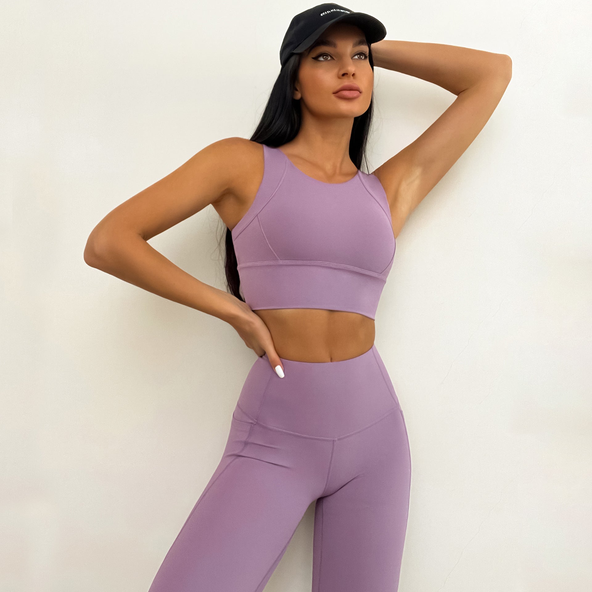 Nude fabric sports vest High-waisted pants double pocket yoga suit set 9 colors