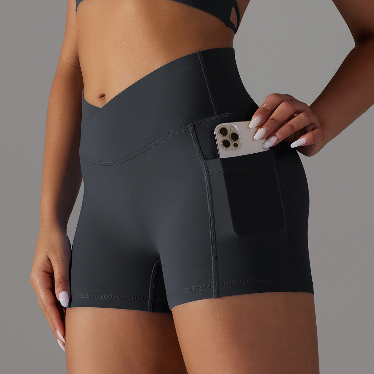 Reversible polyamide wool crossed V-waist pocket yoga shorts three-quarter pants