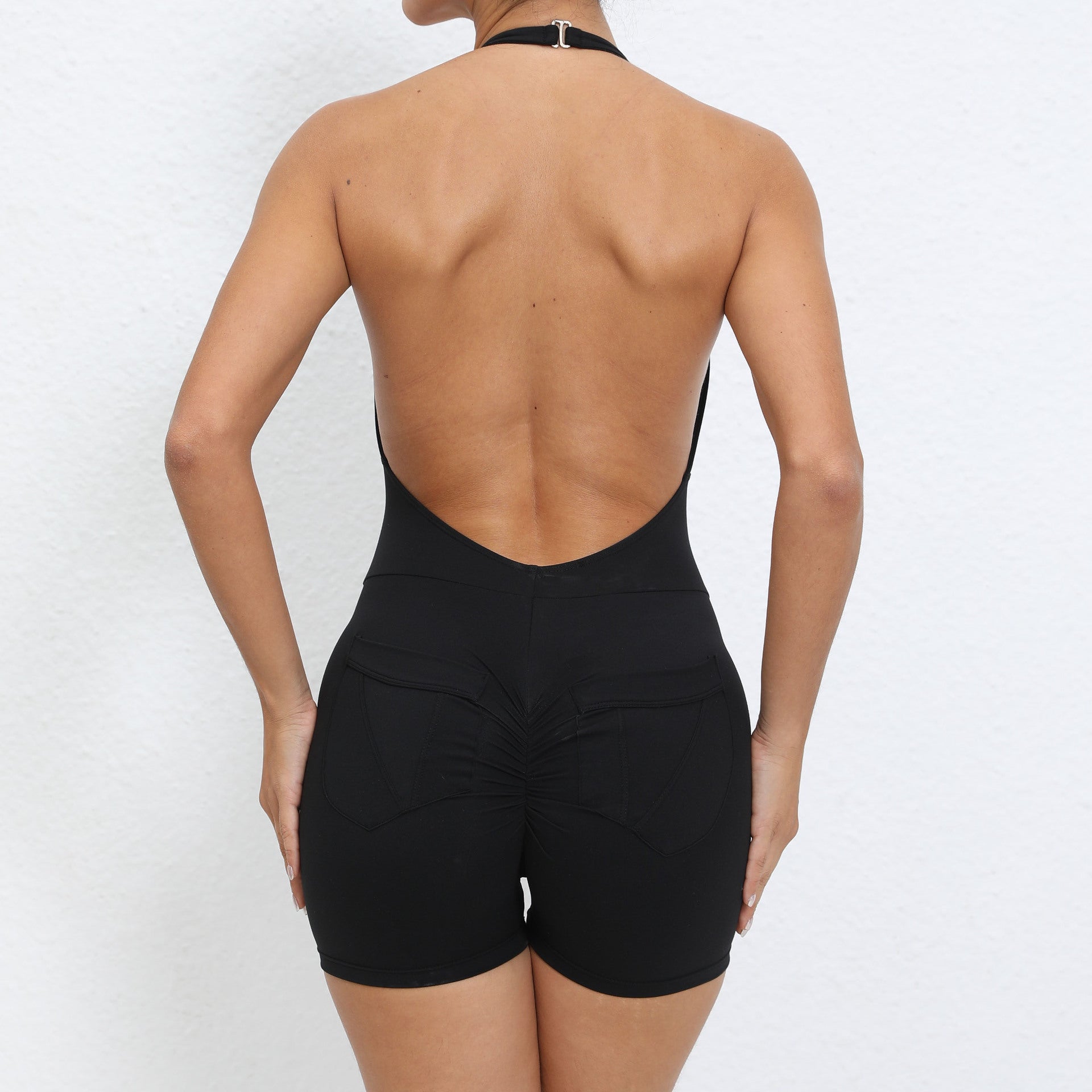 Halterneck pocket nude booty lift back yoga jumpsuit 6 colors