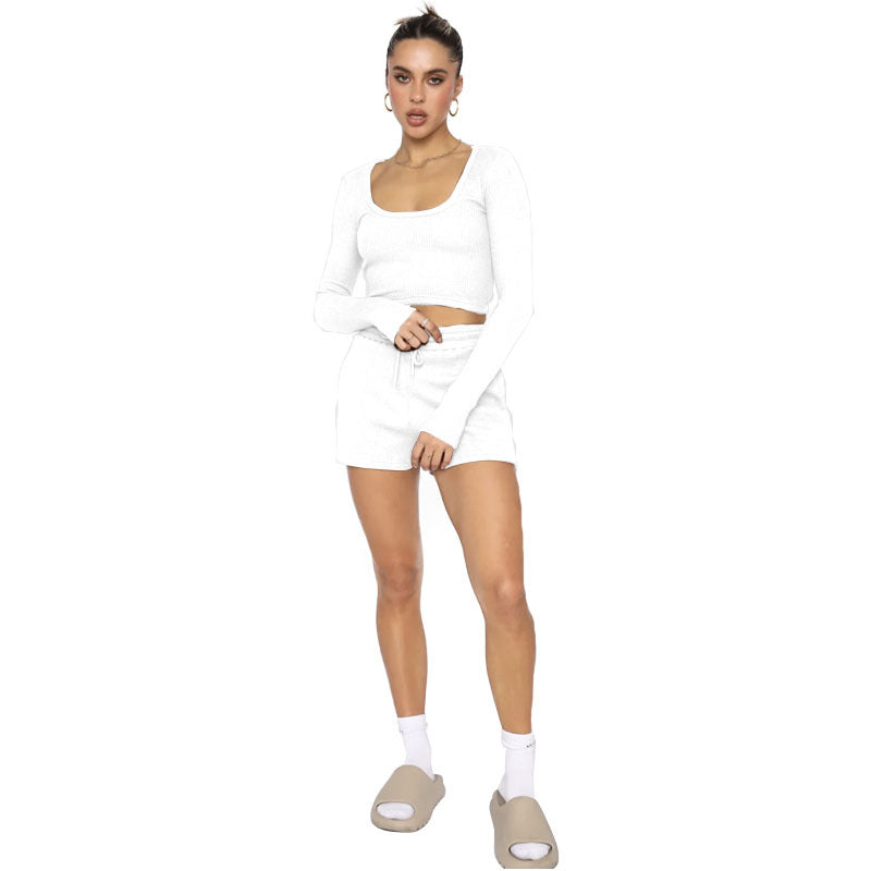 211277 Waffle solid color U-neck long sleeve short fashion casual shorts set  7 colors