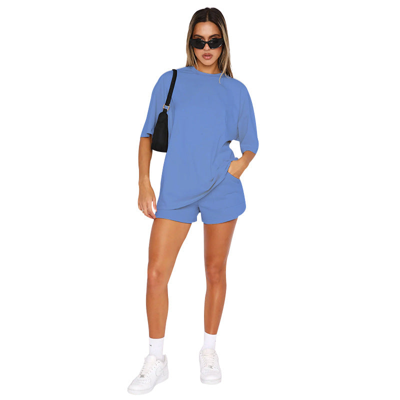 211299 new solid color round neck set with mid-sleeve casual shorts 6colors