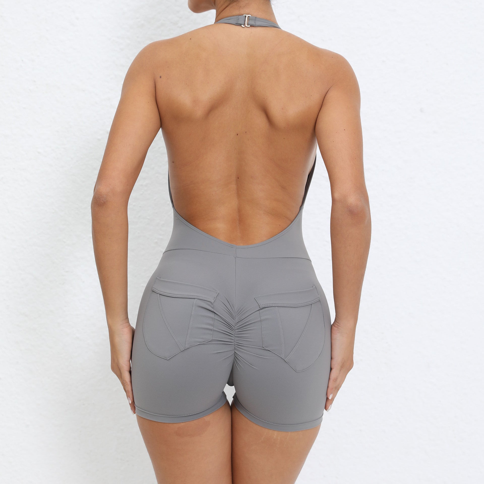 Halterneck pocket nude booty lift back yoga jumpsuit 6 colors