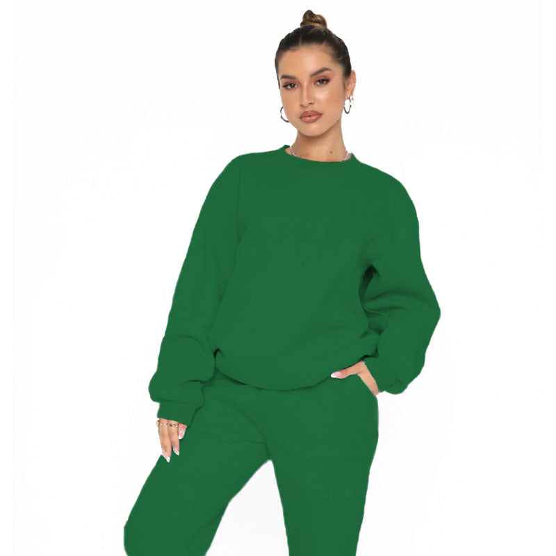 211257 fleece crew-neck pullover long-sleeved hoodie pant set 7colors