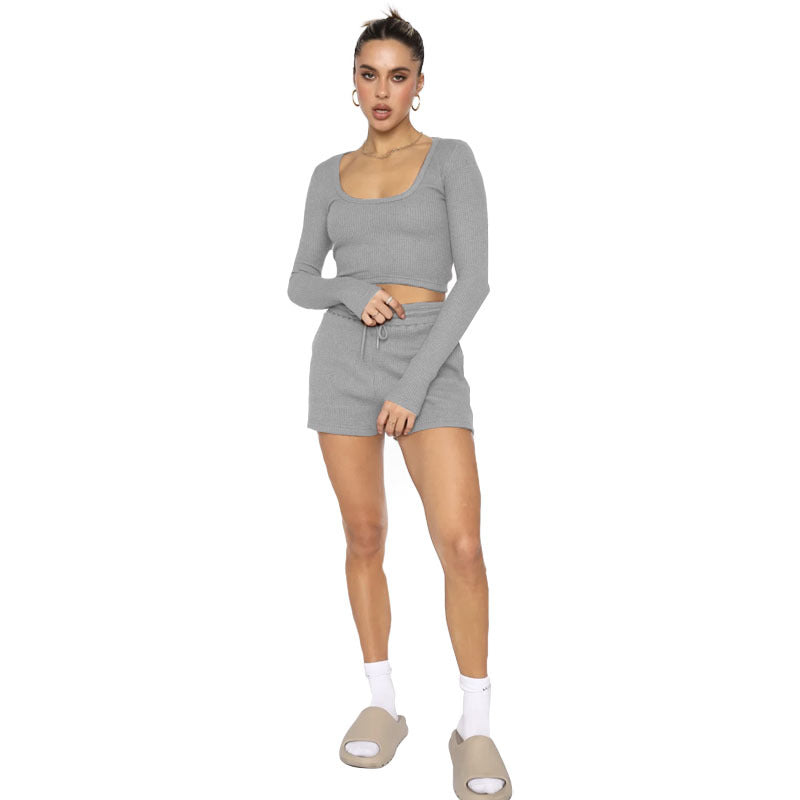 211277 Waffle solid color U-neck long sleeve short fashion casual shorts set  7 colors