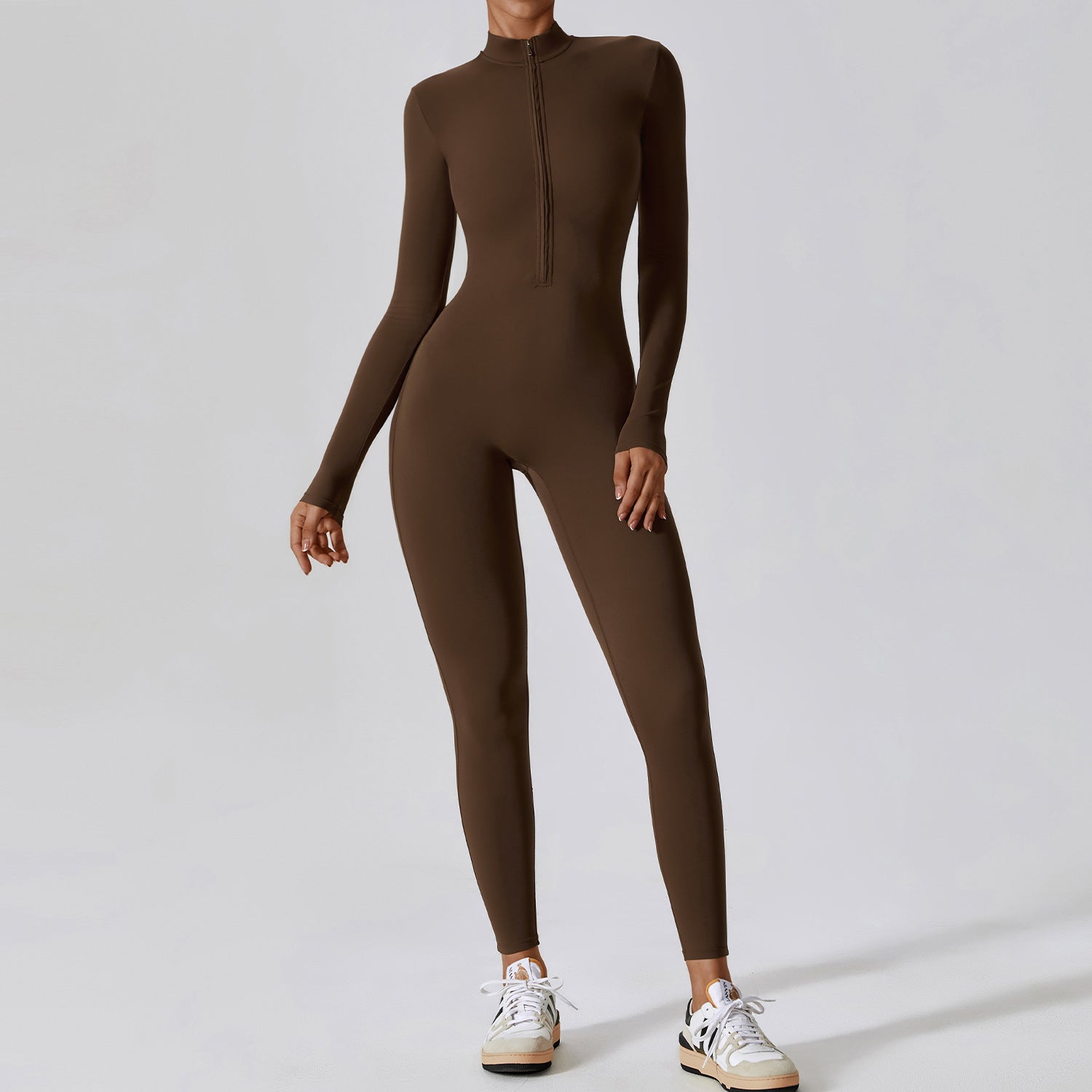 Zipper nude long sleeve yoga jumpsuit 8306