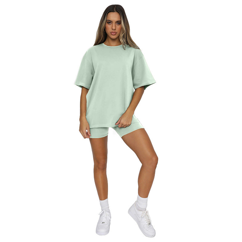 Solid color short-sleeved round neck pullover suit 4colors