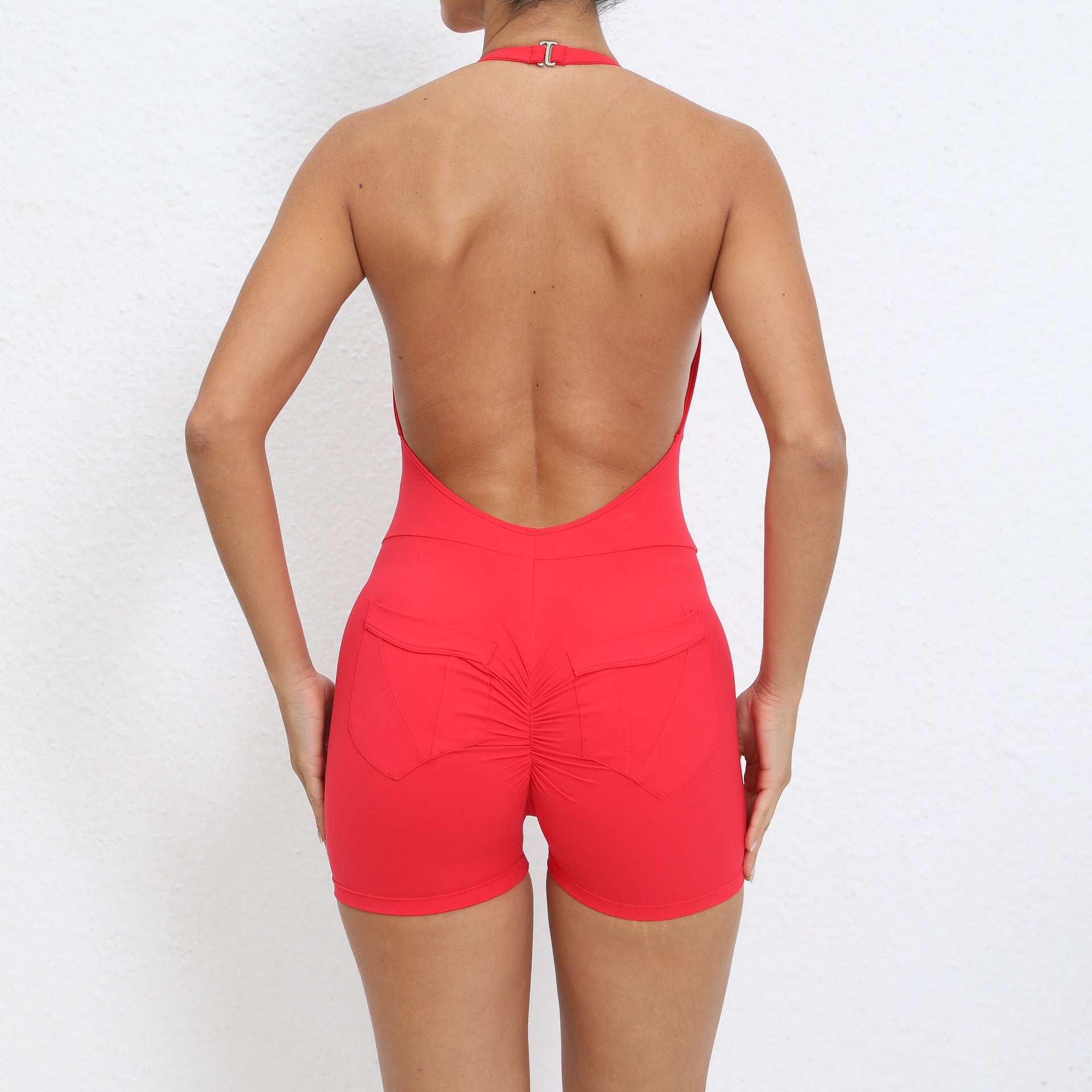 Halterneck pocket nude booty lift back yoga jumpsuit 6 colors