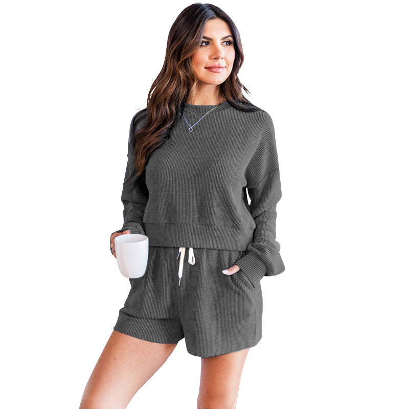 211245 solid color round neck long sleeve hoodie shorts set 7 colors