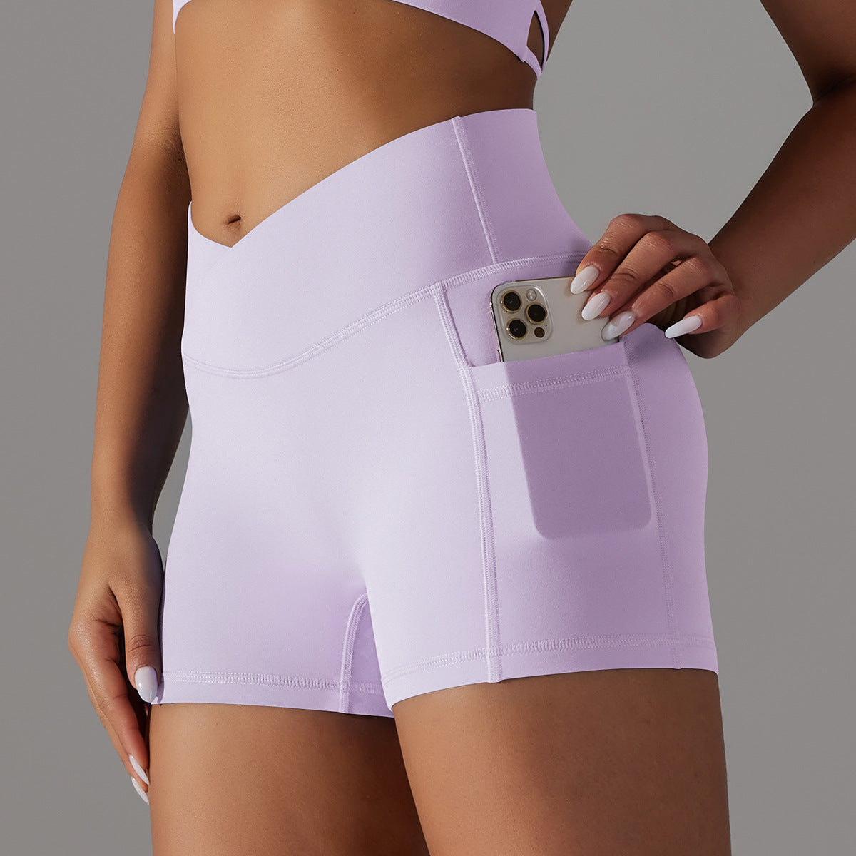 Reversible polyamide wool crossed V-waist pocket yoga shorts three-quarter pants