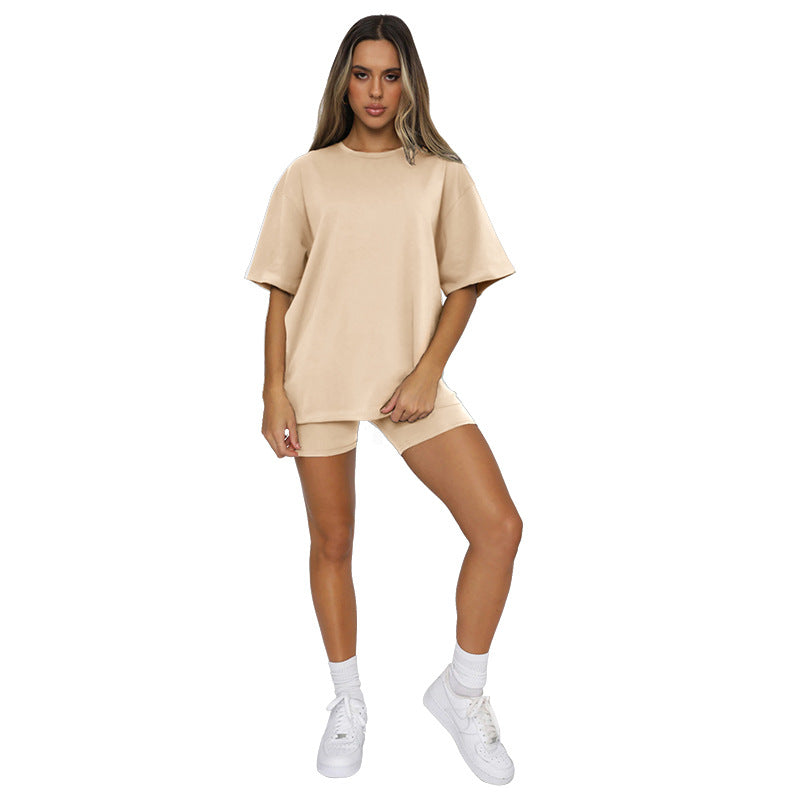 Solid color short-sleeved round neck pullover suit 4colors