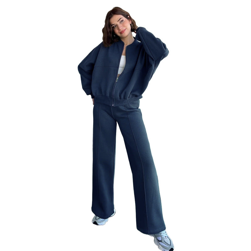 211348 Solid color zip-up cardigan hoodie straight pant suit 6 colors