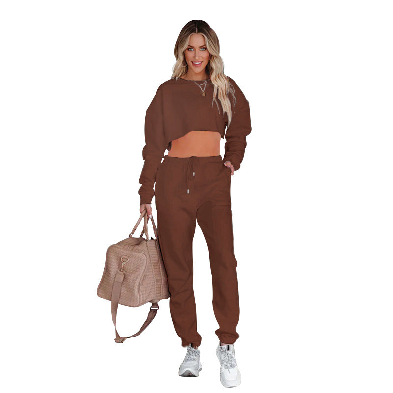 Solid color crew-neck pull-over midriff long-sleeved hoodie drawstring pants suit 5colors