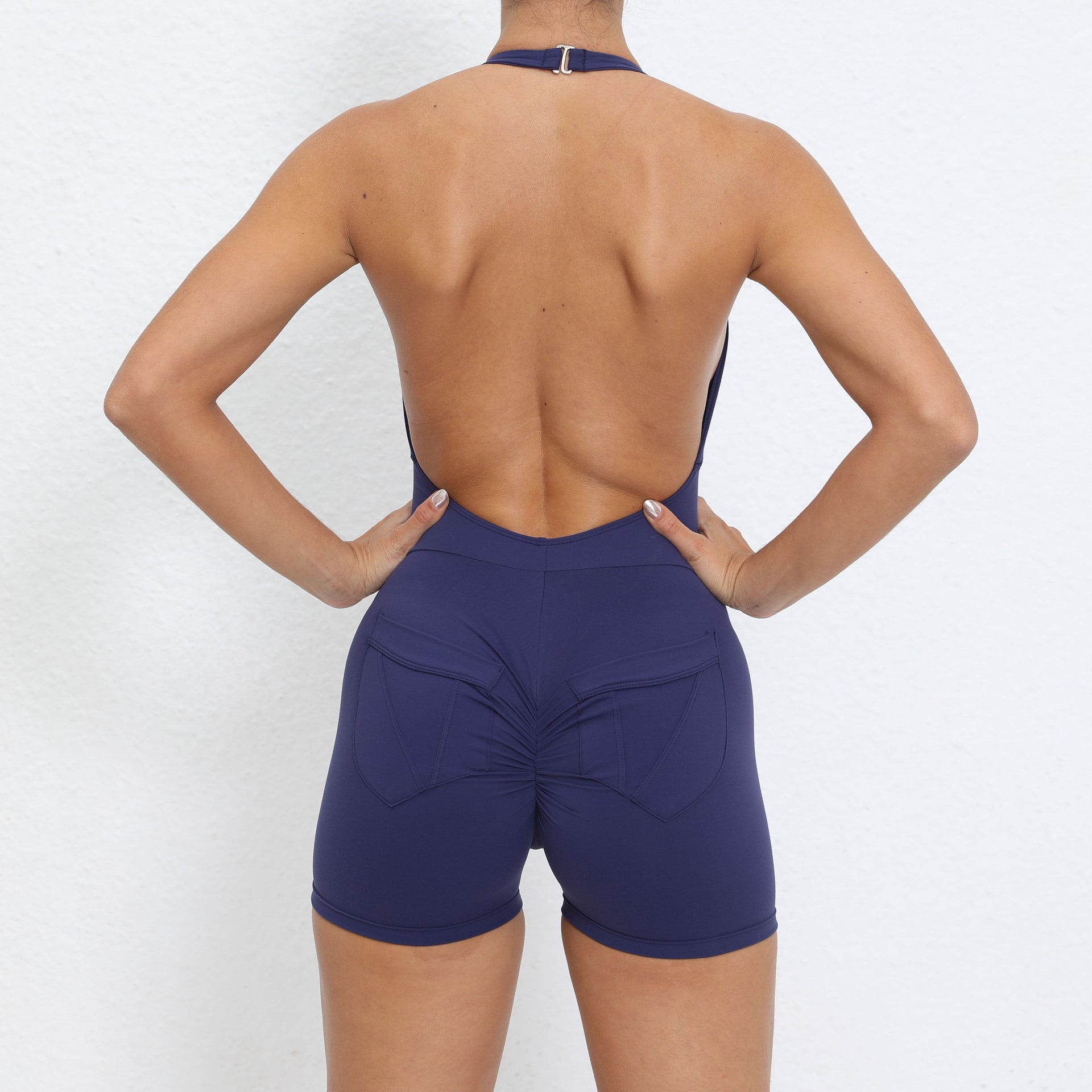 Halterneck pocket nude booty lift back yoga jumpsuit 6 colors