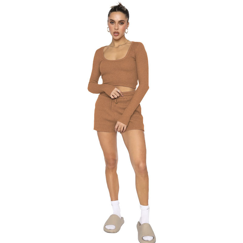 211277 Waffle solid color U-neck long sleeve short fashion casual shorts set  7 colors