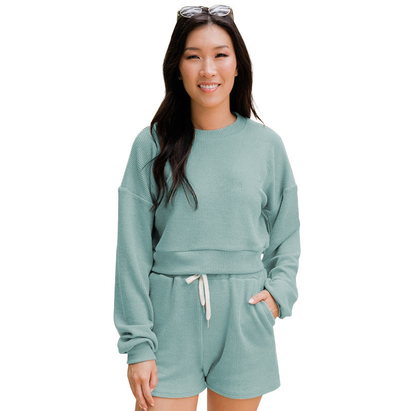 211245 solid color round neck long sleeve hoodie shorts set 7 colors