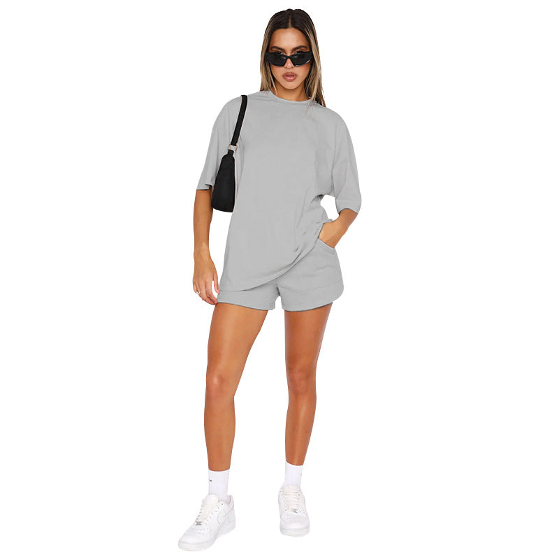 211299 new solid color round neck set with mid-sleeve casual shorts 6colors