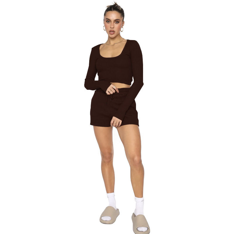 211277 Waffle solid color U-neck long sleeve short fashion casual shorts set  7 colors