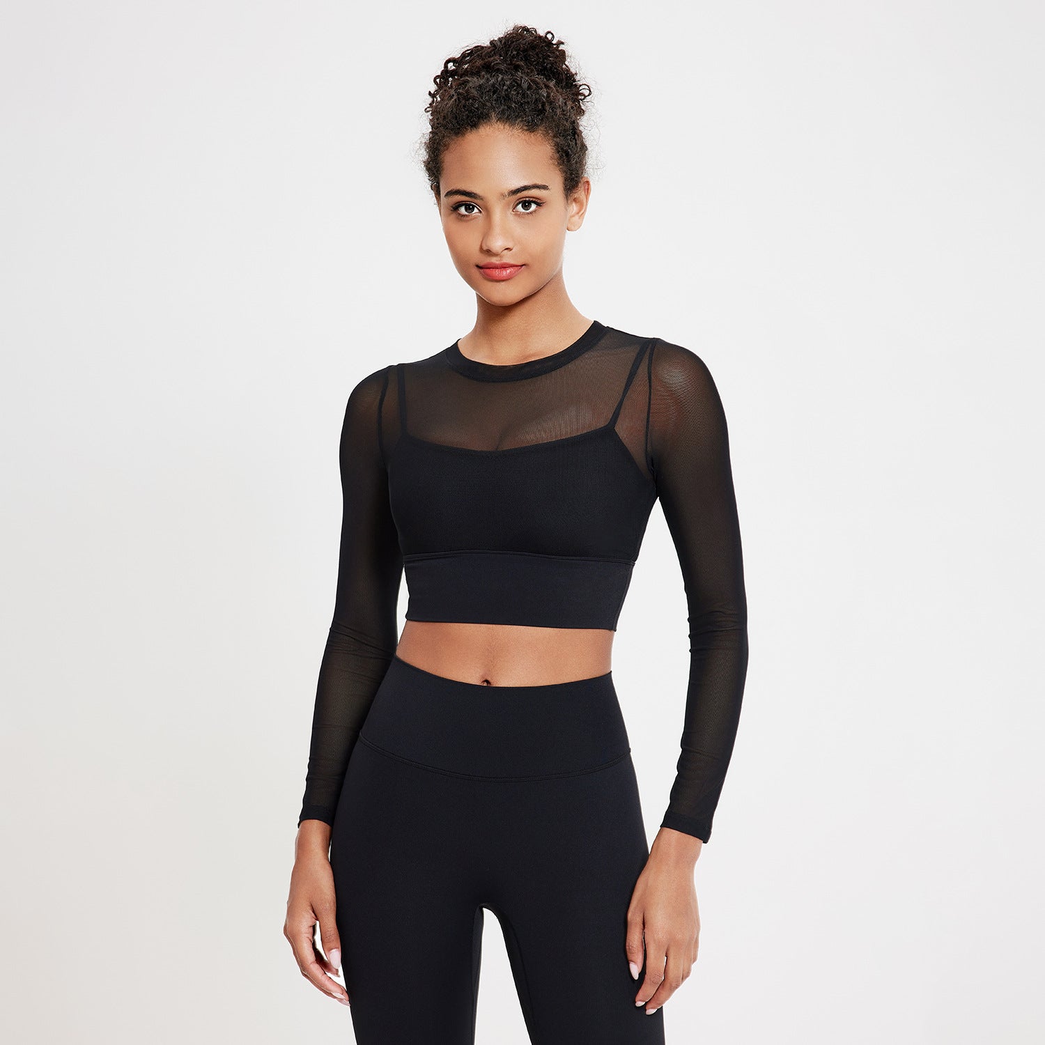 Sexy mesh round neck yoga wear long sleeve quick-drying sports bra