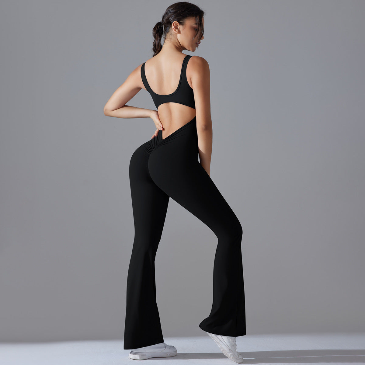 Solid color back lift hip long slim-fit wide leg jumpsuit