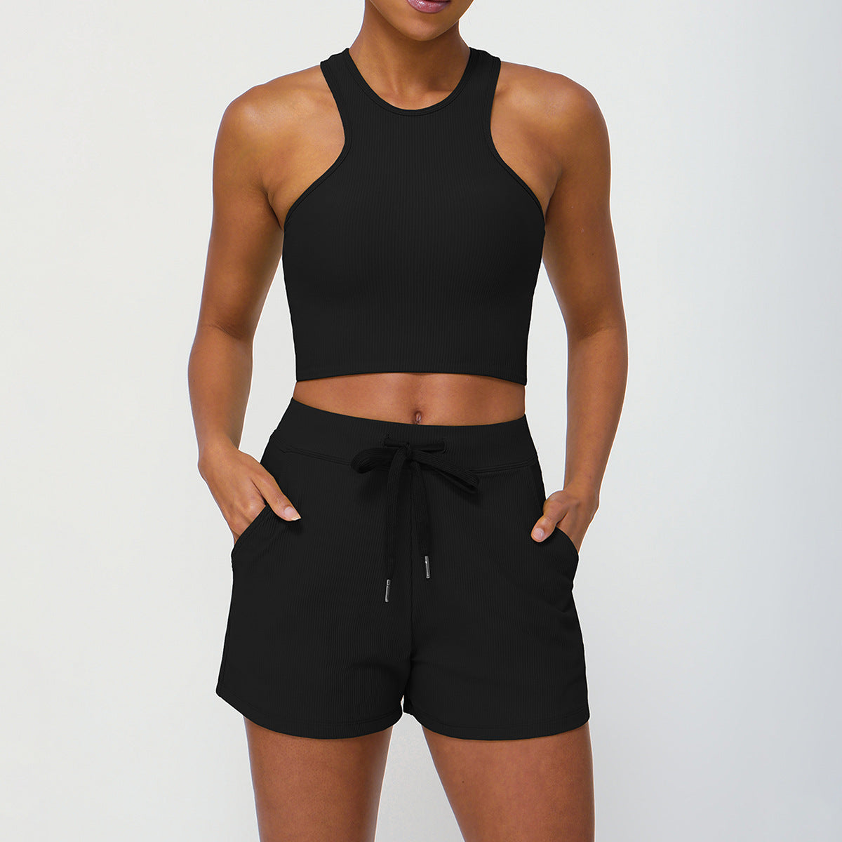 Ribbed casual sports set women's shock-proof drawstring shorts pocket yoga fitness two-piece set