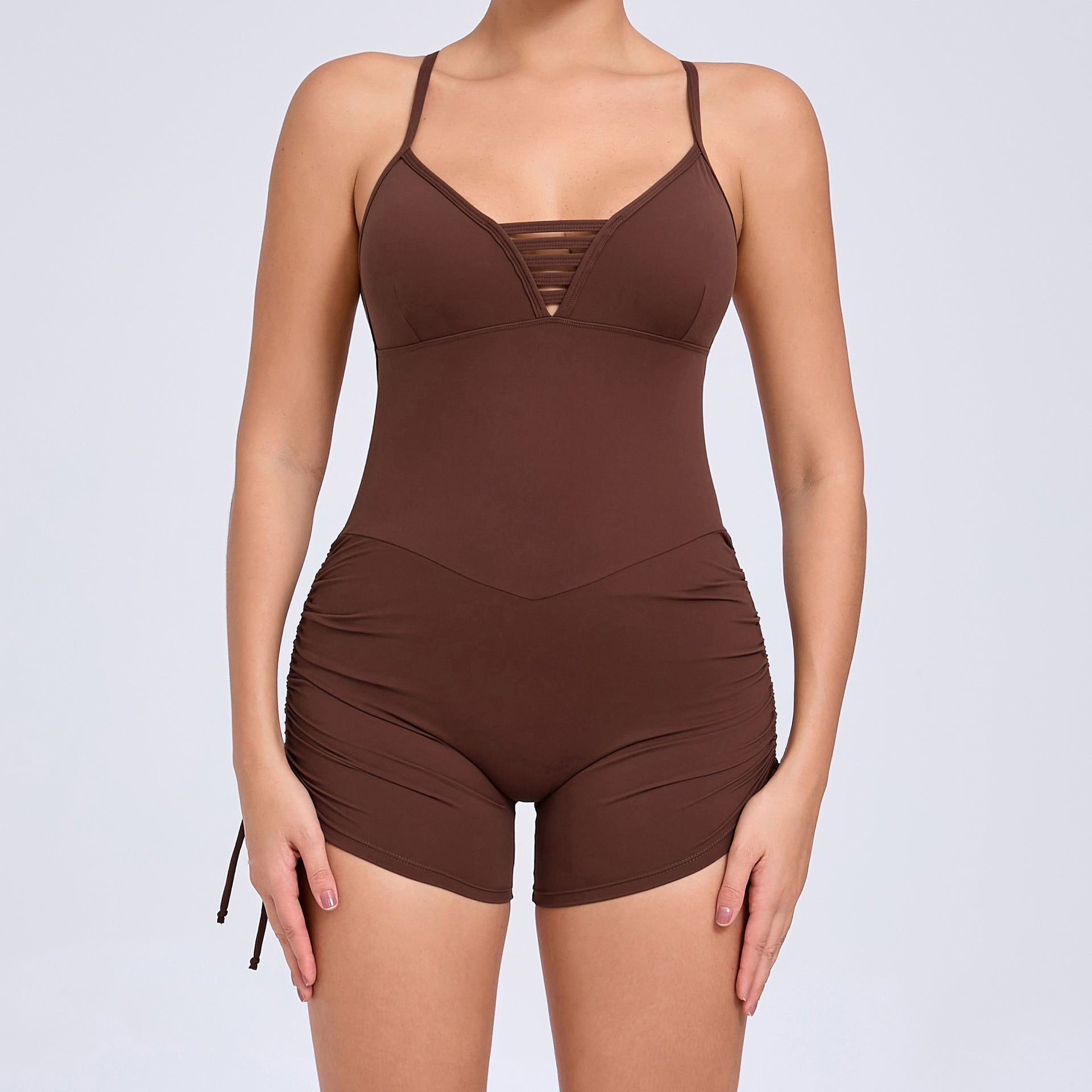 Cut-out beauty back side drawstring yoga romper