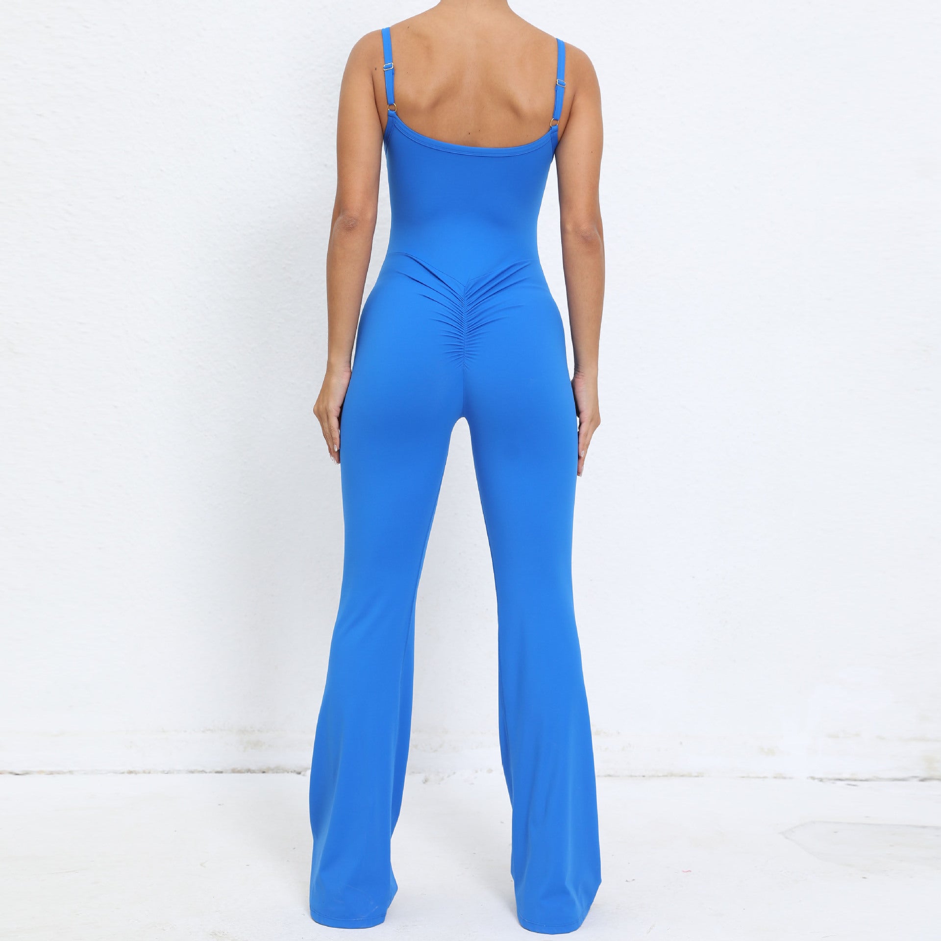 Adjustable shoulder strap flared one-piece yoga suit nude