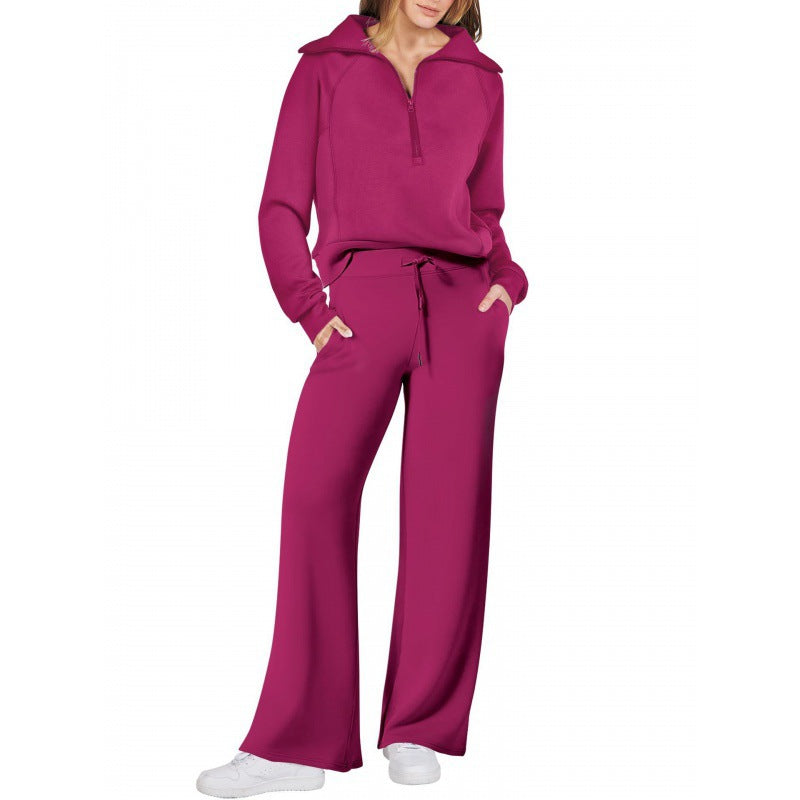 Zipper long-sleeved hoodie wide-leg pants two-piece set 12colors