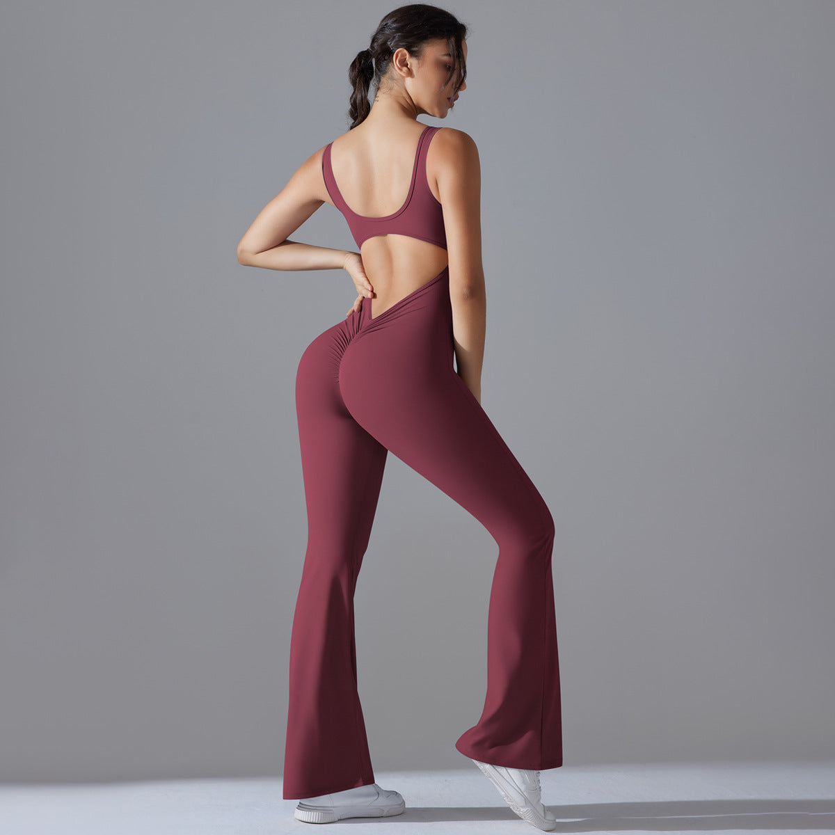 Solid color back lift hip long slim-fit wide leg jumpsuit