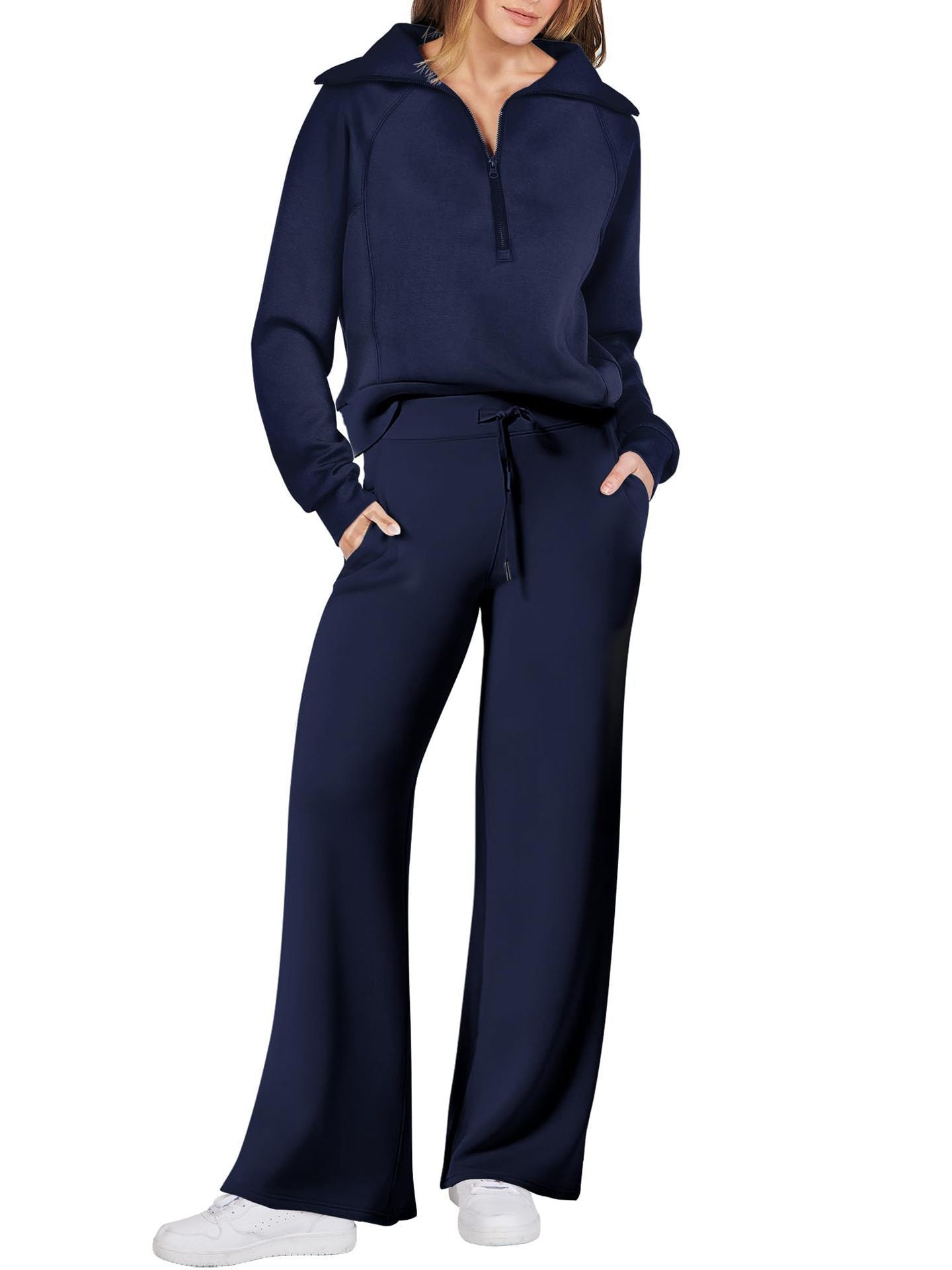 Zipper long-sleeved hoodie wide-leg pants two-piece set 12colors